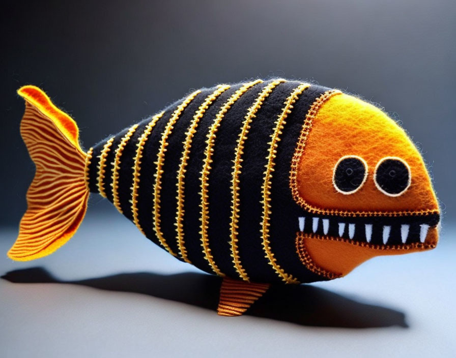 Orange and Black Striped Felt Fish Toy with Button Eyes on Grey Gradient Background