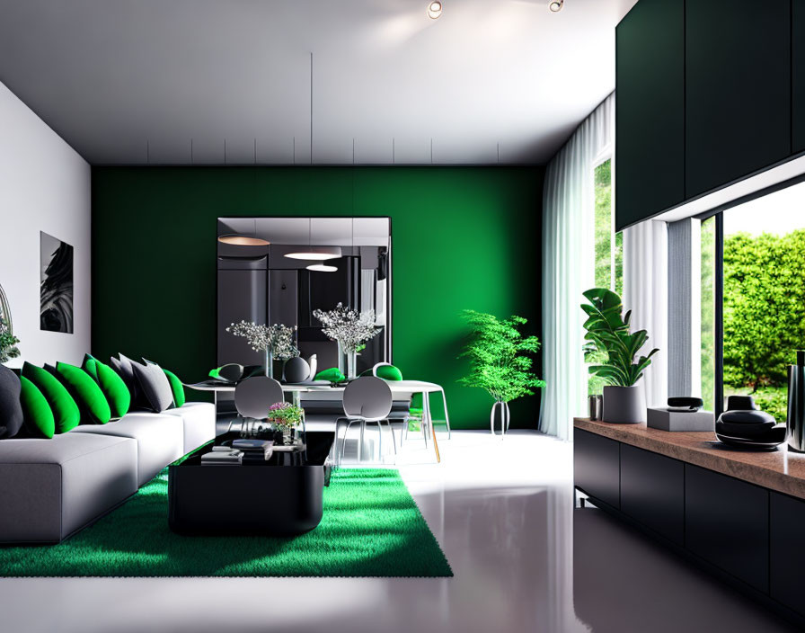 Stylish living room with green walls, modern furniture, plants, and dining area.