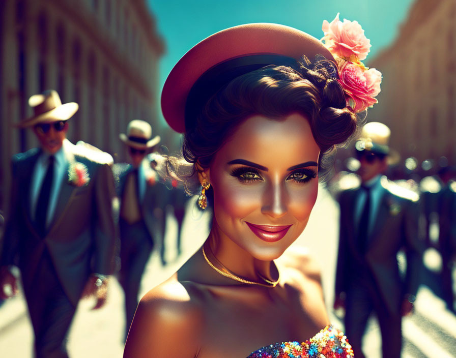 Elegant woman in vibrant hat smiling with men in suits blurred in background