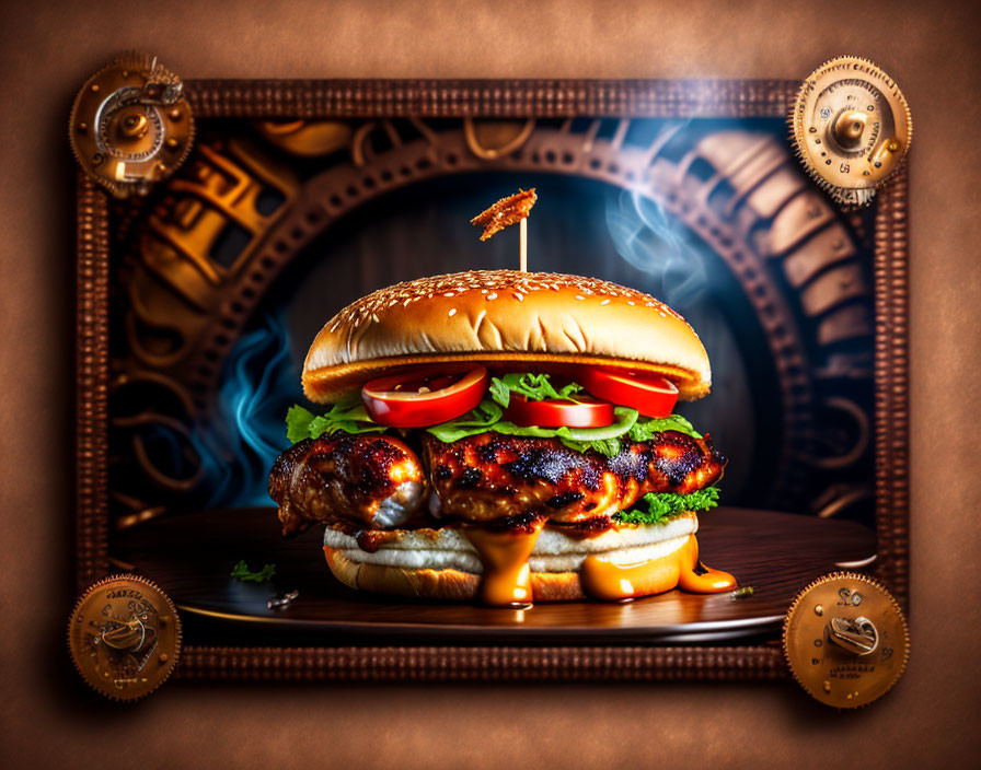 Cheeseburger with Lettuce and Tomato on Steampunk Background