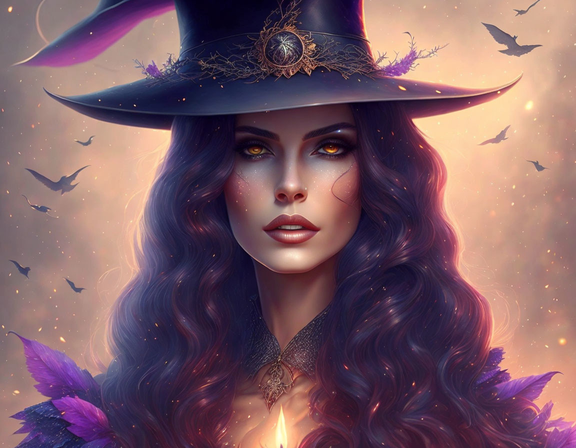 Illustrated Female Witch with Purple Hat and Glowing Eyes surrounded by Birds and Sparkles