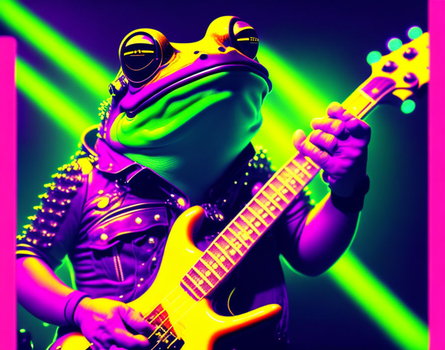 Colorful anthropomorphic frog playing electric guitar on vibrant neon background