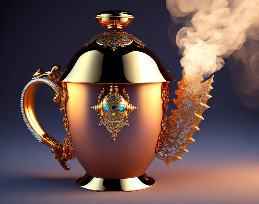 Golden ornate teapot with jewels and steam on blue-orange gradient background