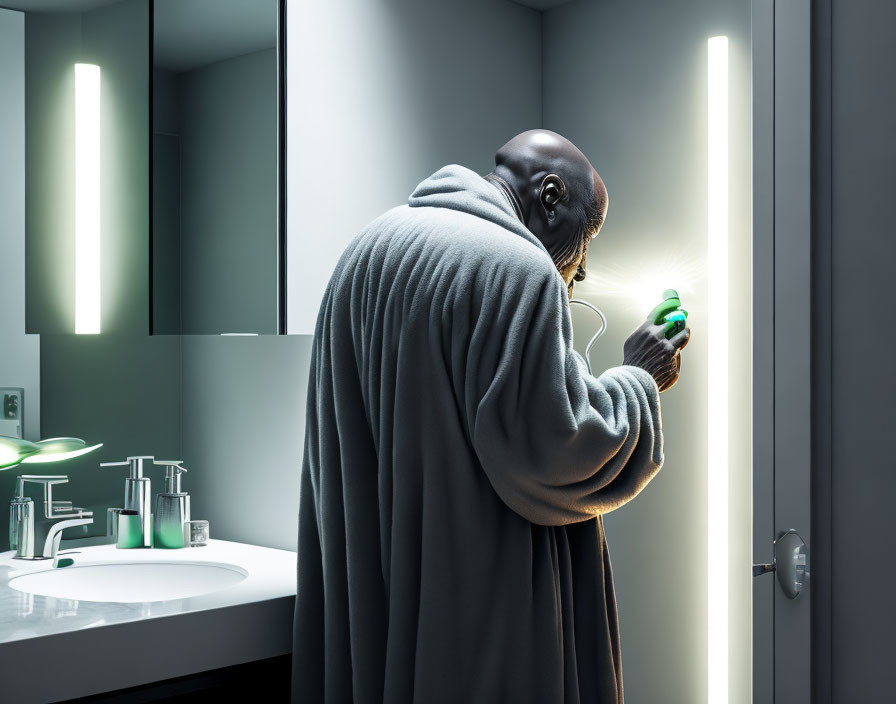 Person in dark robe examines glowing green substance in vial near bathroom mirror with vertical lighting