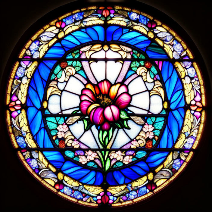 Circular Stained Glass Window with White and Pink Flower in Blue and Purple Hues