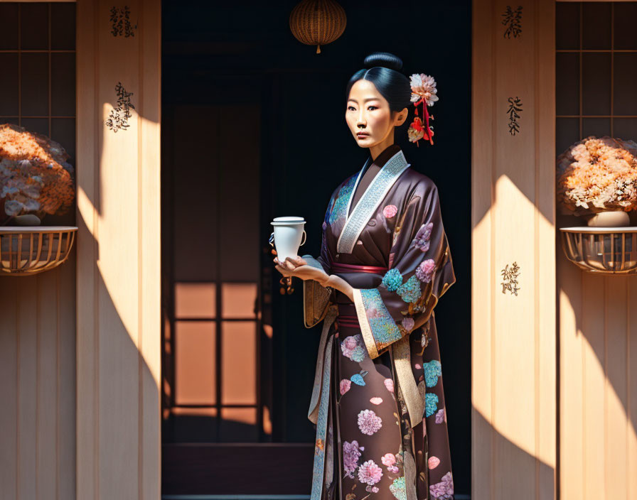 Traditional Japanese kimono woman with cup by wooden doorway & floral arrangements