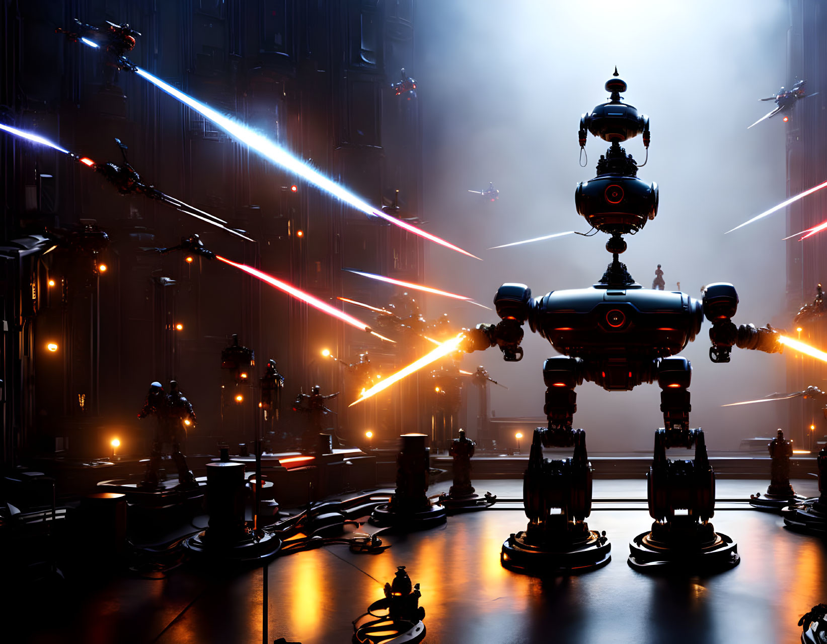 Futuristic robots in laser battle in dark, industrial setting