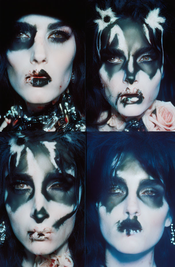 Collage of Four Images: Dramatic Dark Eye Makeup, Theatrical Adornments, Pet