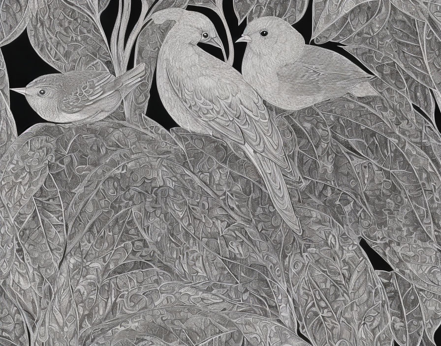 Detailed monochrome bird illustration among textured leaves