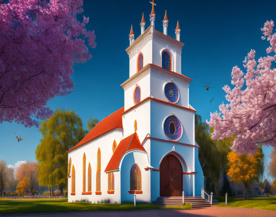 White Church with Red Roofing Surrounded by Cherry Blossoms