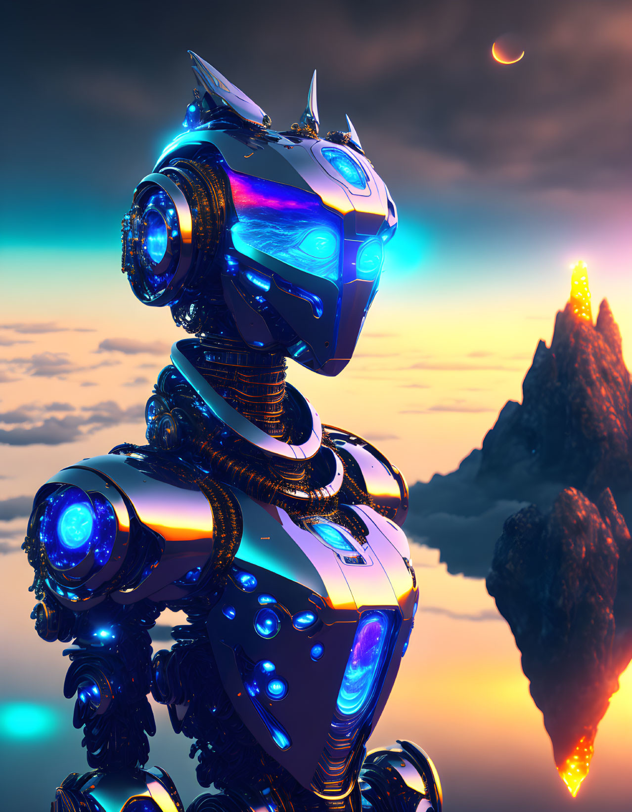 Detailed CG futuristic robot with blue glowing parts against a backdrop of a sun and floating rocks