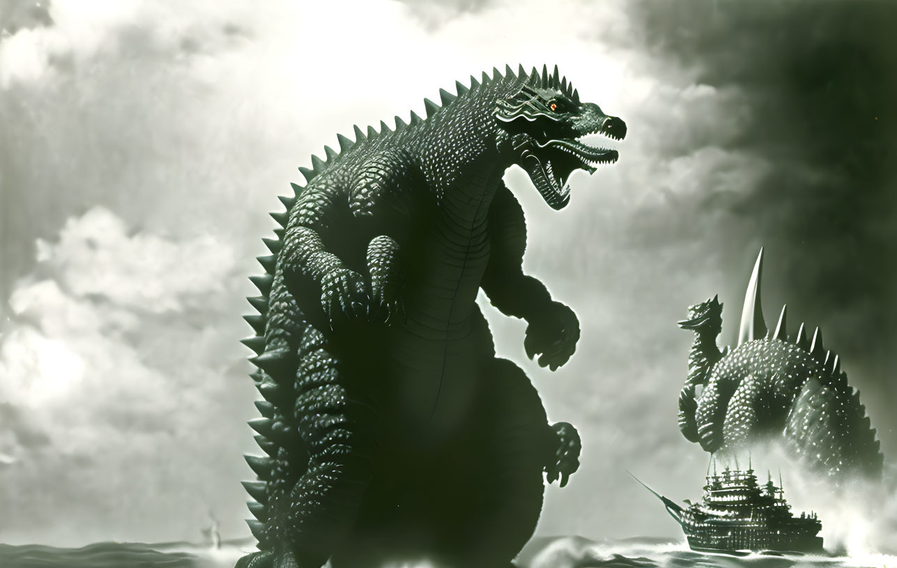 Monochrome image of two giant creatures near ship under dramatic sky