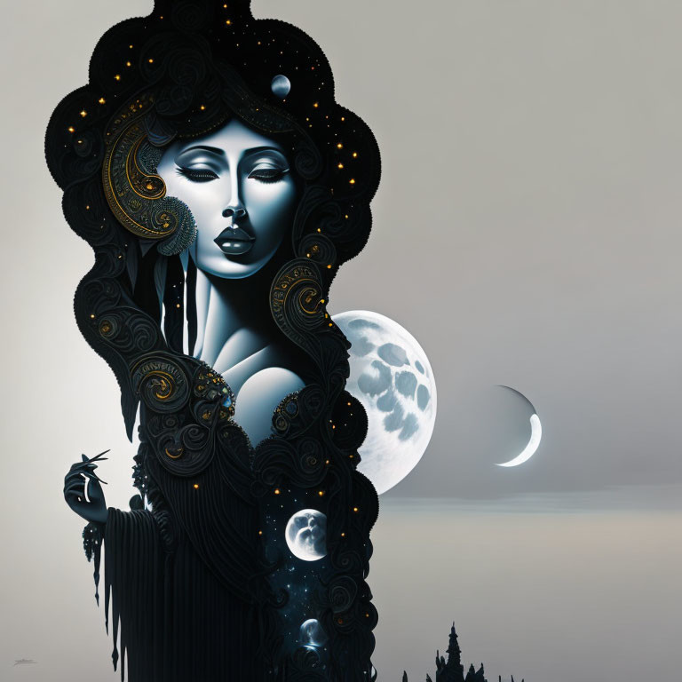 Illustration of woman with dark hair featuring moon phases against night sky