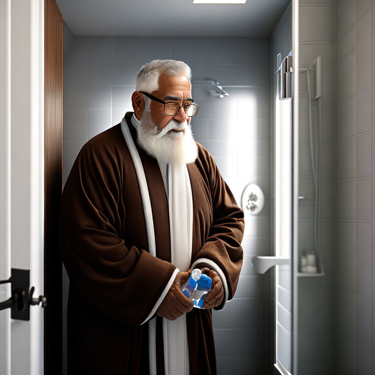 Elderly man with white beard and glasses in modern bathroom portrait