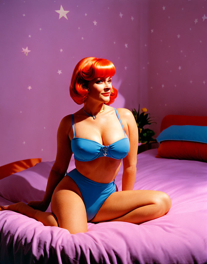 Red-Haired Woman in Blue Swimwear Poses in Pink Room with Stars