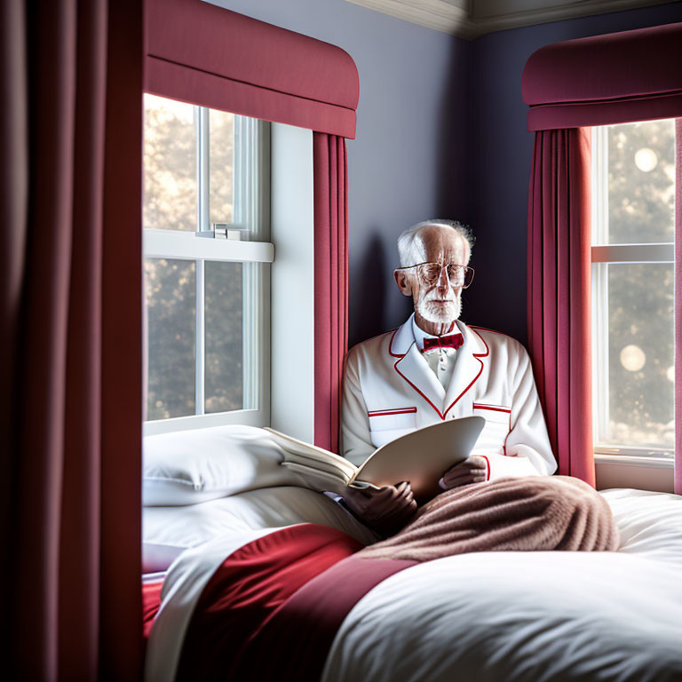 Elderly man with beard reading book on bed in room with windows