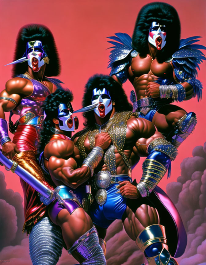 Four individuals in KISS-style costumes against pink cloud backdrop