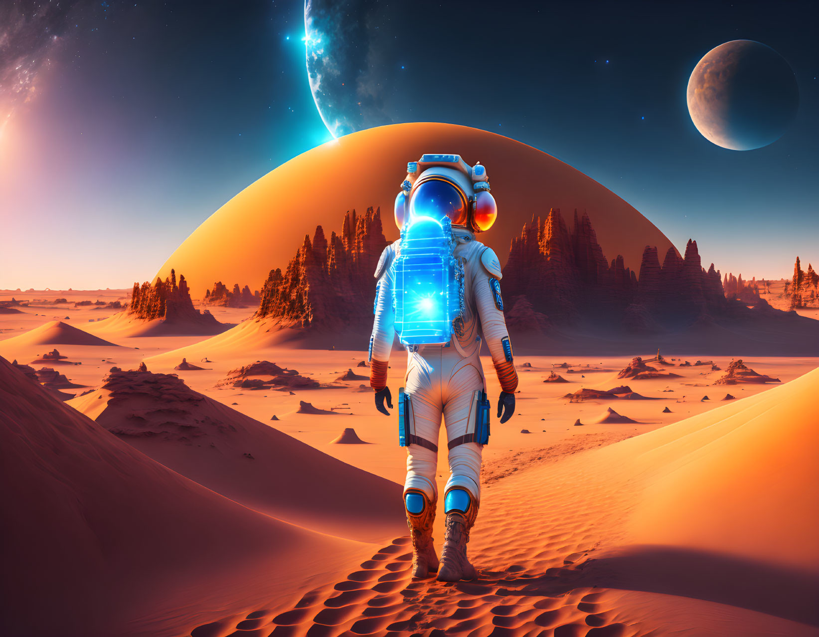 Astronaut on alien planet with moons and starry sky