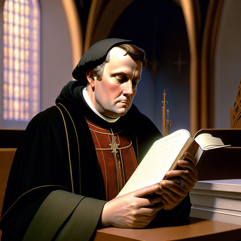 Digital artwork of clergyman reading book in church.