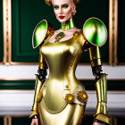 Stylized illustration of woman in futuristic golden armor with green gem accents