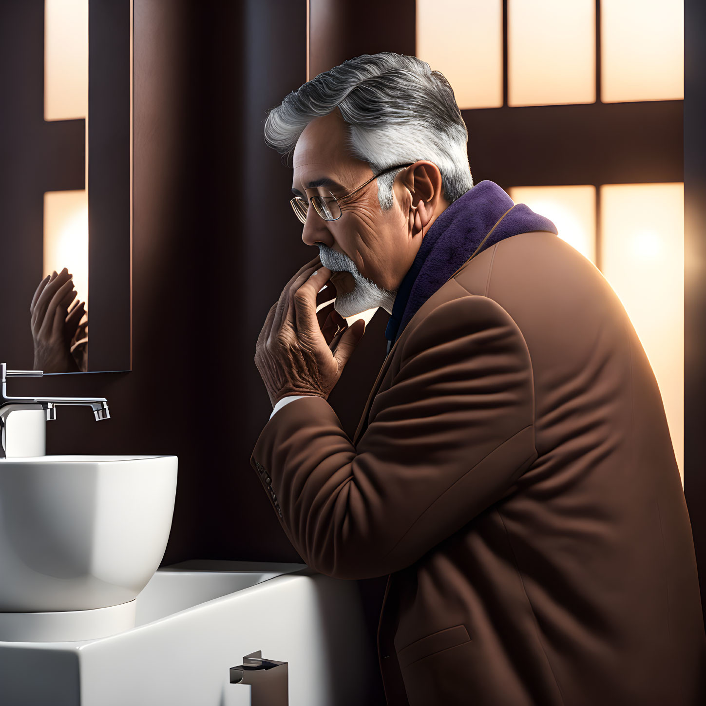 Elderly man in brown coat gazes at reflection in warm-lit bathroom mirror