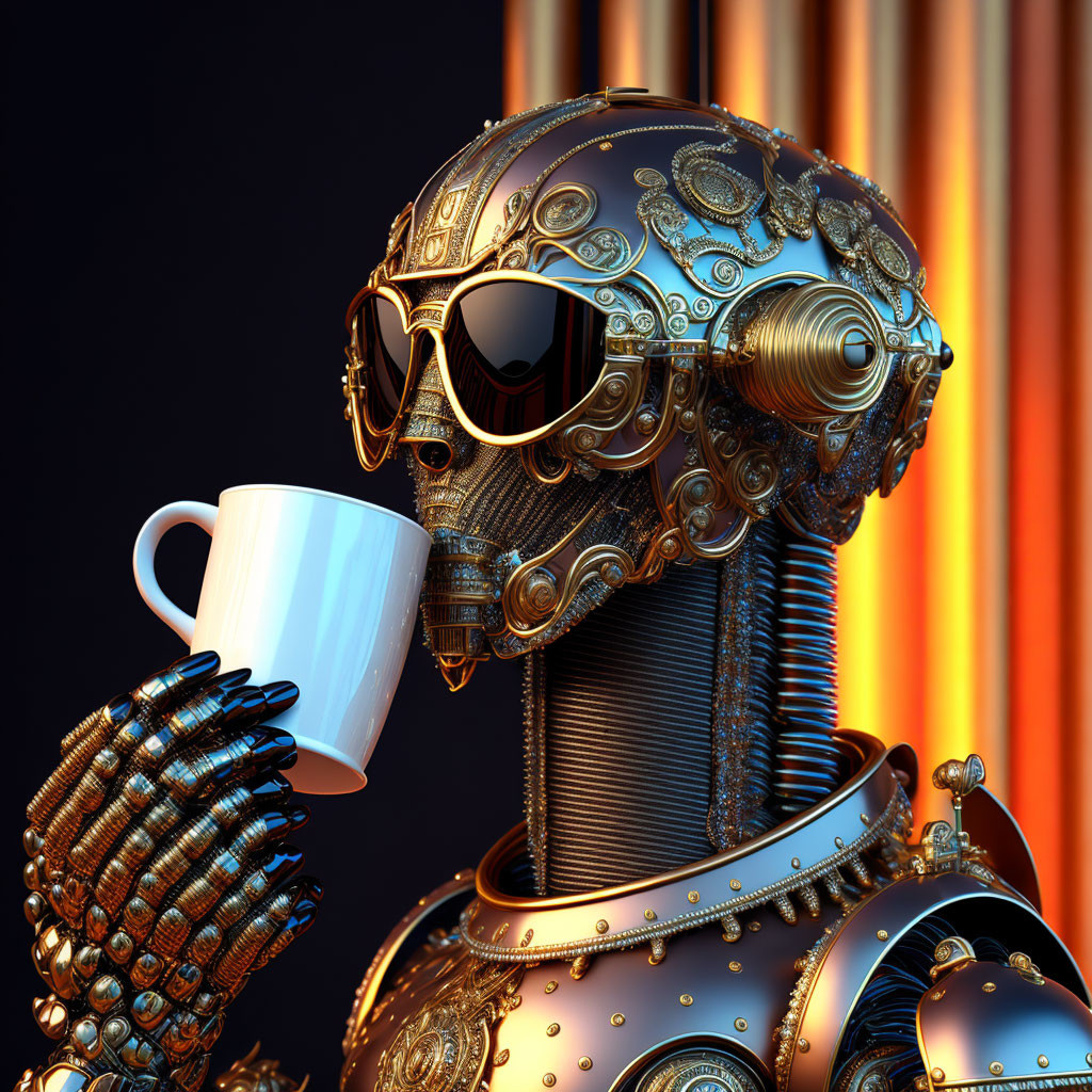 Steam-punk Robot Wearing Sunglasses Holding Coffee Mug on Orange Curtain Background
