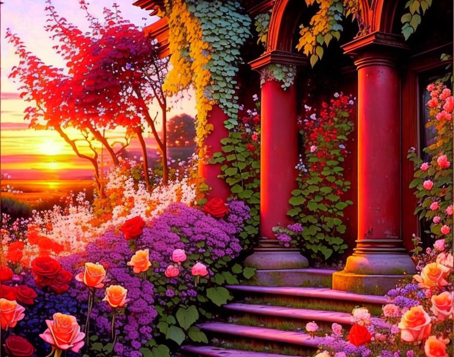 Colorful Flowers and Greenery in Sunset Garden Setting