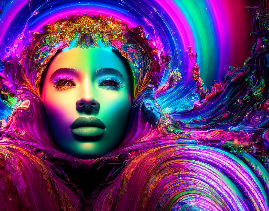 Colorful portrait of a woman with vibrant headdress and makeup in neon swirls
