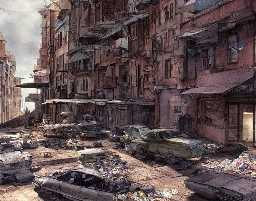 Dystopian city street scene with dilapidated buildings and abandoned cars