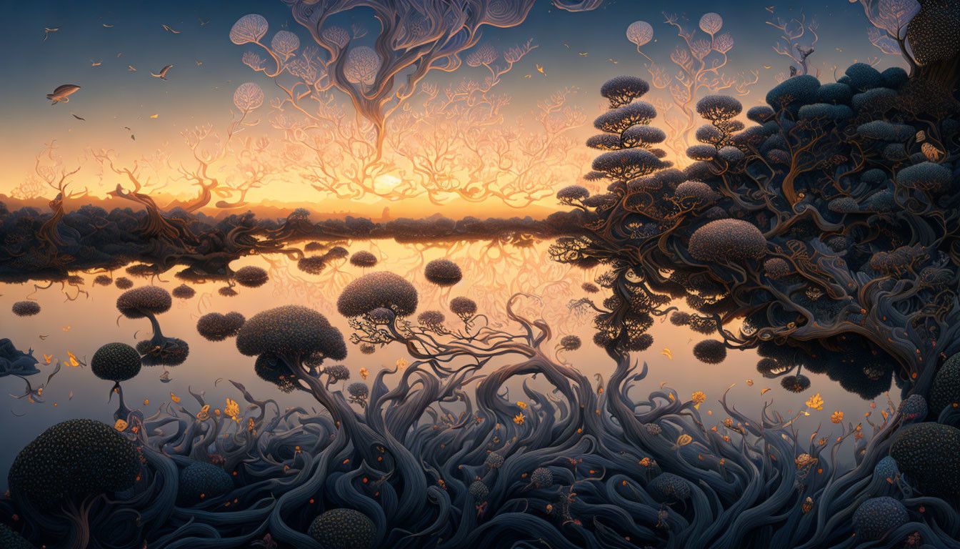 Fantastical landscape with mushroom-like trees and tranquil river at sunset