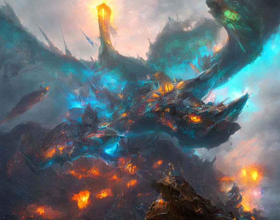 Gigantic molten rock dragon in fiery landscape