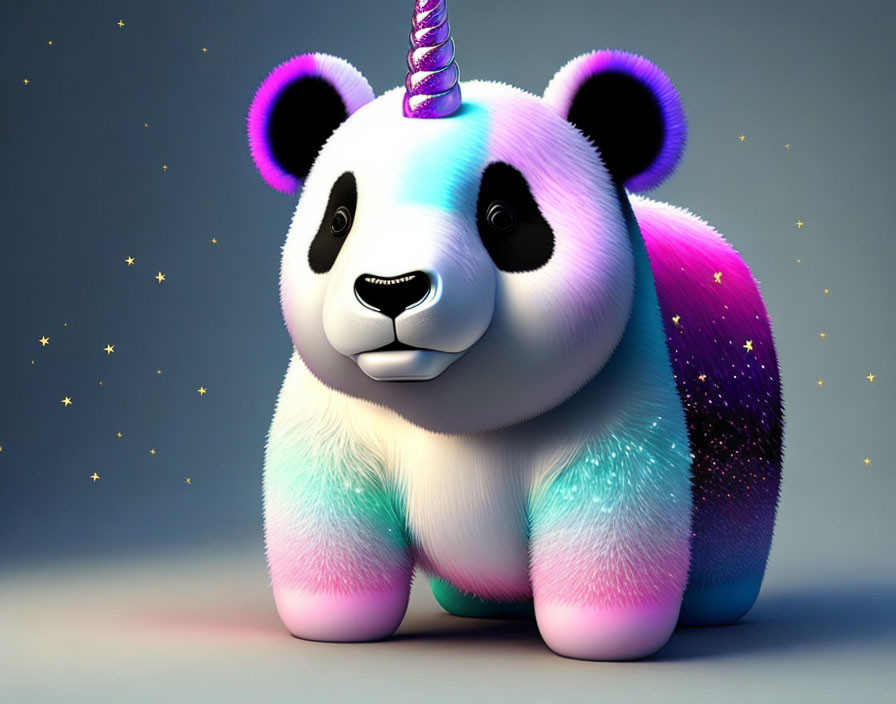 Colorful Panda Toy with Unicorn Horn and Sparkles on Grey Background