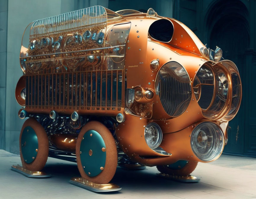 Steampunk-style copper vehicle with gears and porthole windows parked in courtyard