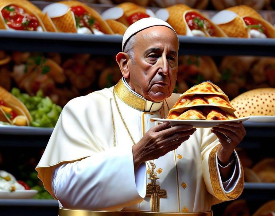 Papal attire man with slice of pizza and more pizzas