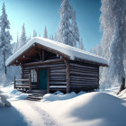 Snow-covered log cabin in serene winter scene with snowy pine trees and gentle snowfall under twilight sky