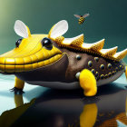 Whimsical digital artwork: Yellow and black alligator with bee-like features surrounded by flying bees