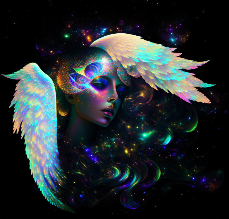 Portrait of a woman with angelic wings and cosmic background