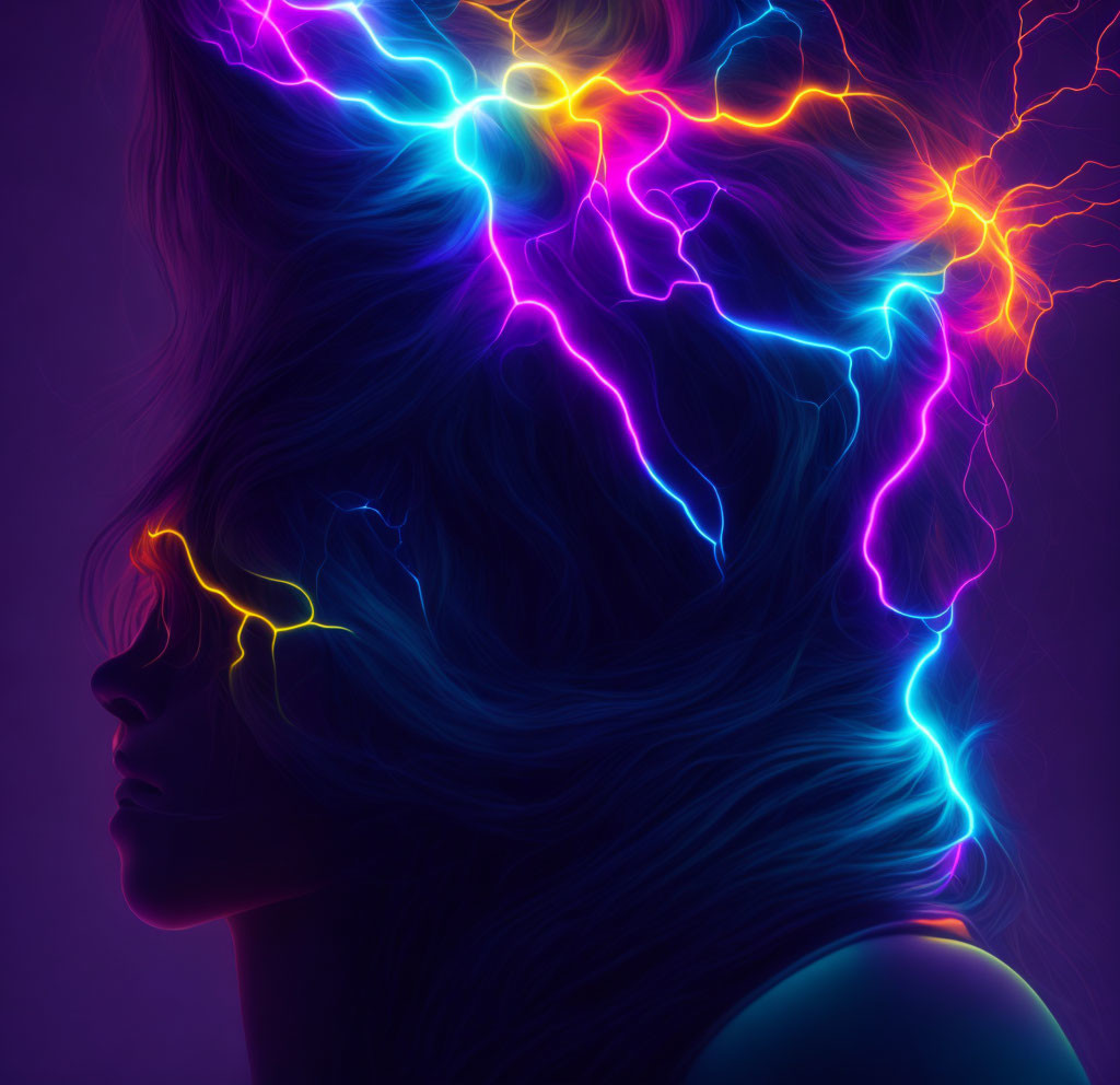 Digital artwork: Woman's profile with neon lightning bolt hair on dark background