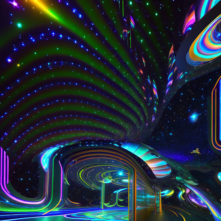 Colorful Psychedelic Digital Art with Neon Lighting and Star-Like Points