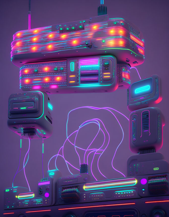 Neon-lit floating devices with wires on purple cyberpunk background