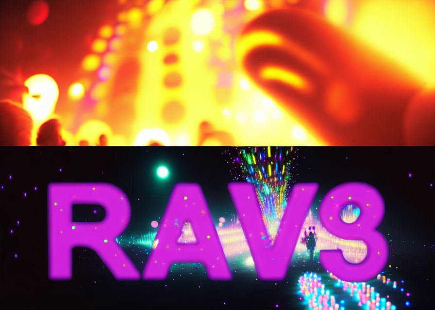 Blurred crowd at concert with bright pink "RAVE" sign