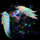 Cosmic-themed digital artwork of woman with galaxy hat and butterfly wing