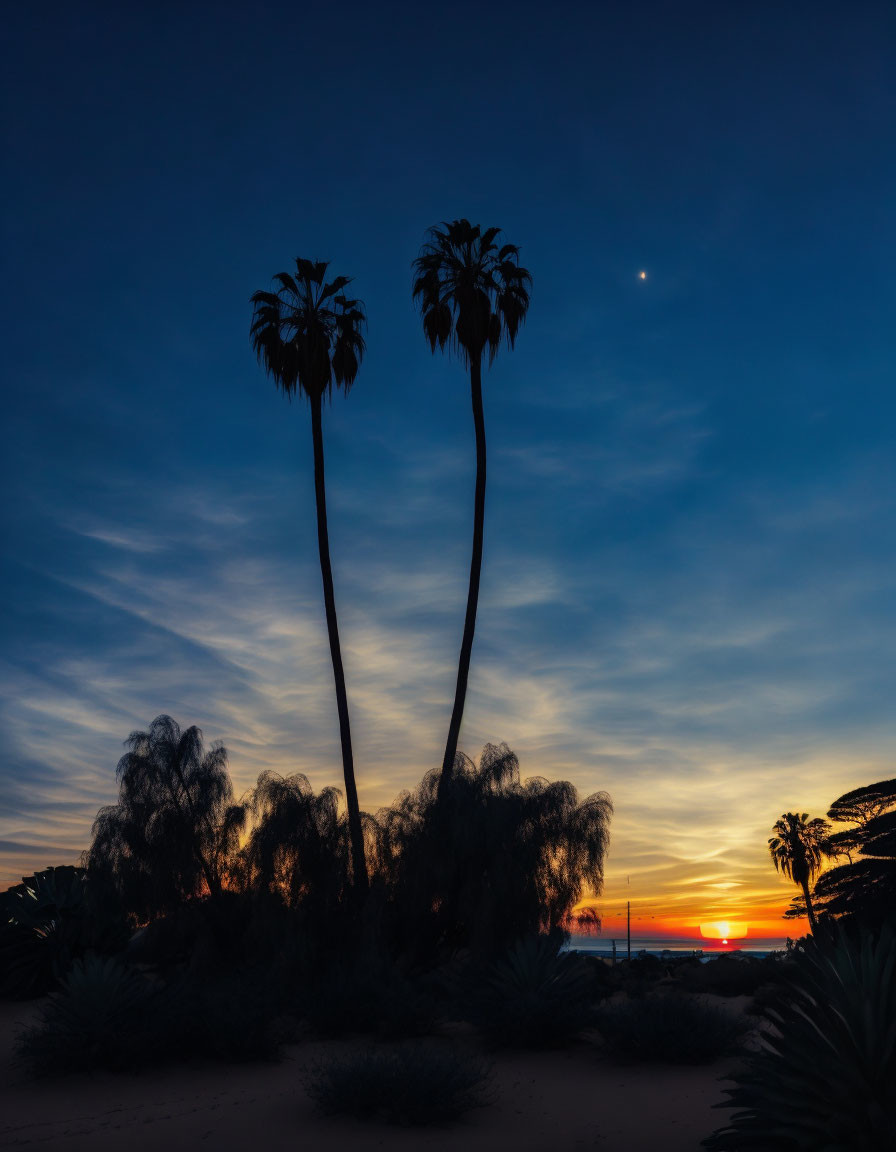 Tall palm trees against twilight sky with sunset, clouds, and bright star.