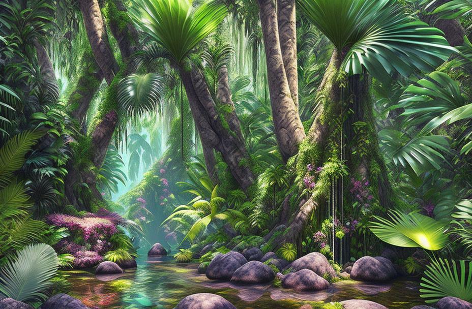 Vibrant green tropical forest with tall trees, diverse plants, serene stream, and sunbeams