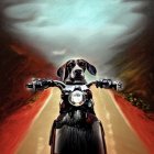 Dog wearing goggles riding motorcycle on open road with canyons and starry sky