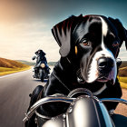Black and White Dog in Sunglasses Riding Motorcycle on Scenic Road at Sunset
