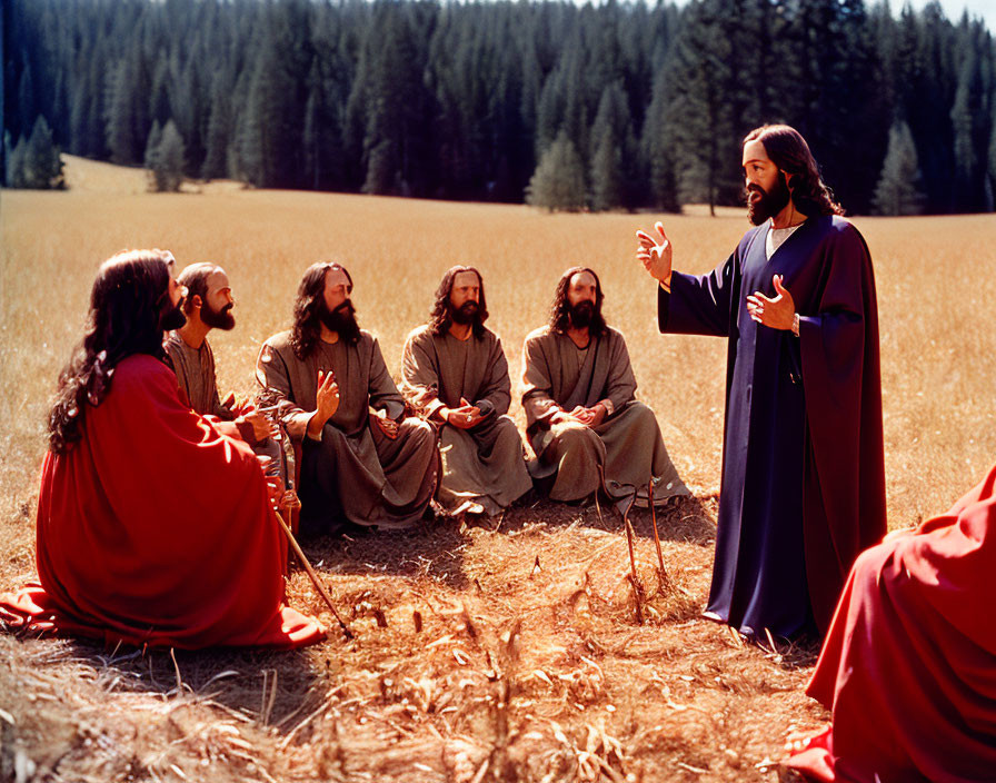 Men in ancient robes gather in grassy field, one in blue robe instructs.