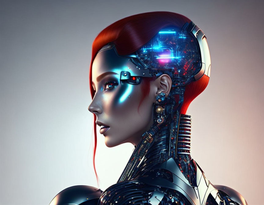 Detailed Female Humanoid Robot with Cybernetic Neck & Glowing Blue Eyes