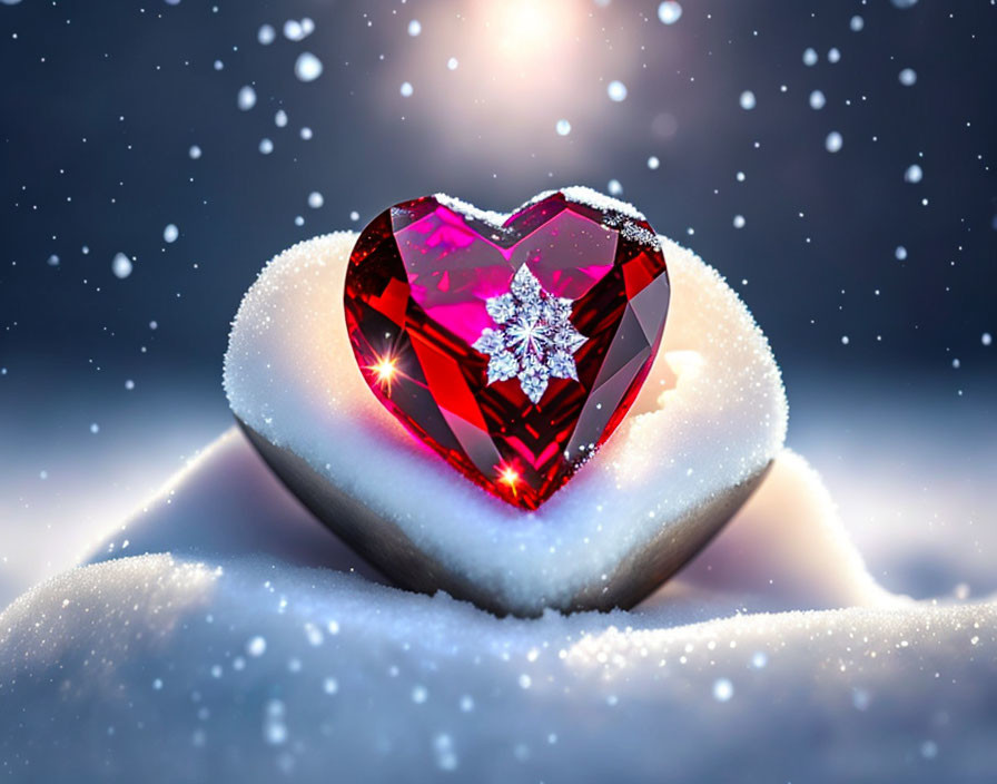 Heart shaped ruby in snow
