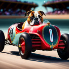 Bulldog in goggles drives vintage racing car on bridge - motion captured